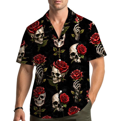 Black halloween hawaiian shirt with vibrant floral details, third main view