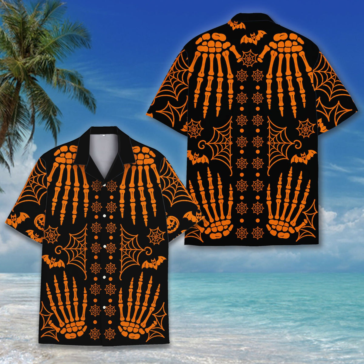 Halloween hawaiian shirt with orange skeleton hands and pumpkins on a black background, main view