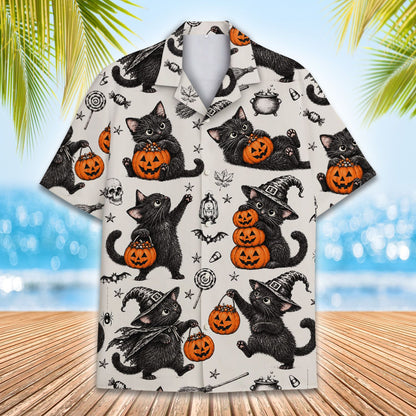 Matching family halloween hawaiian shirt with vintage cats and pumpkins, main view