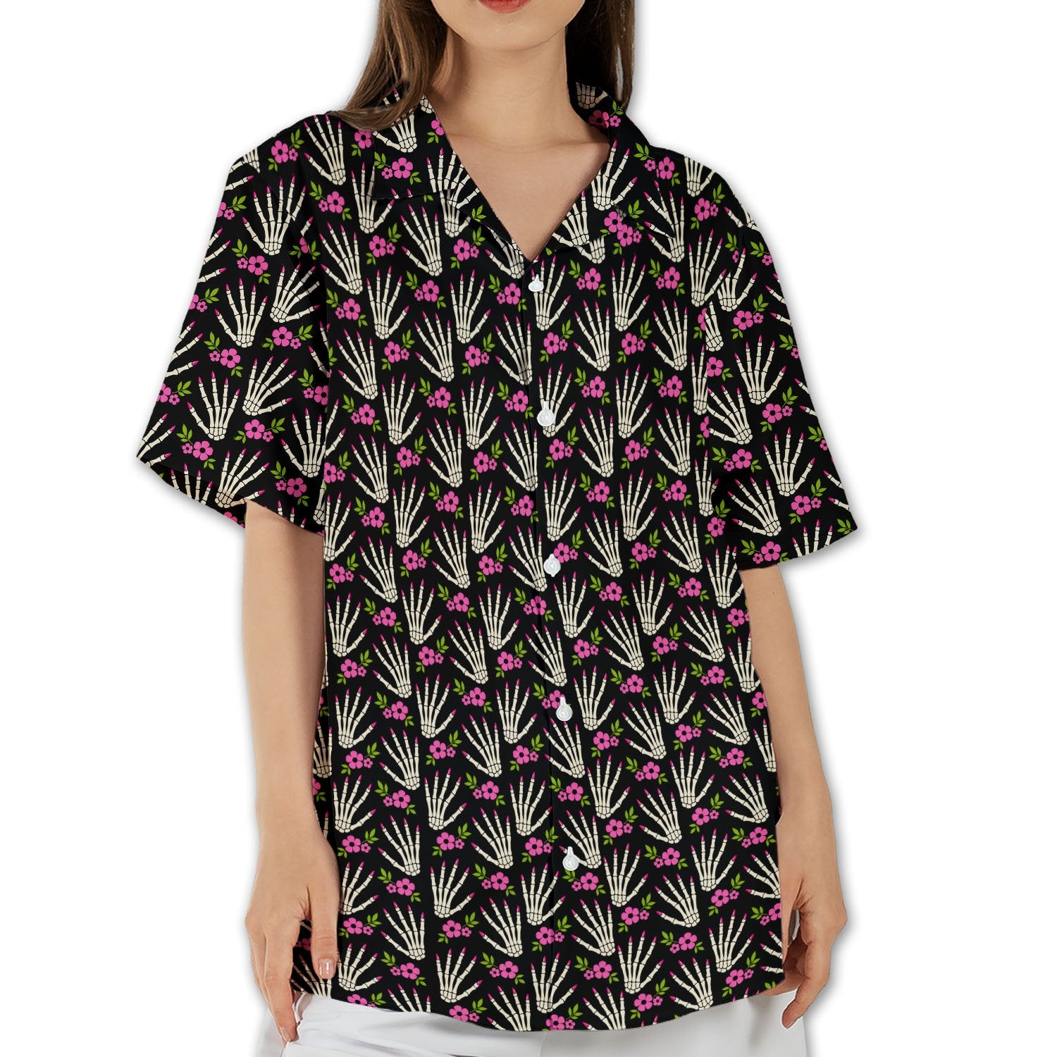 Front view of the black Halloween Hawaiian shirt with skeleton hands and floral print