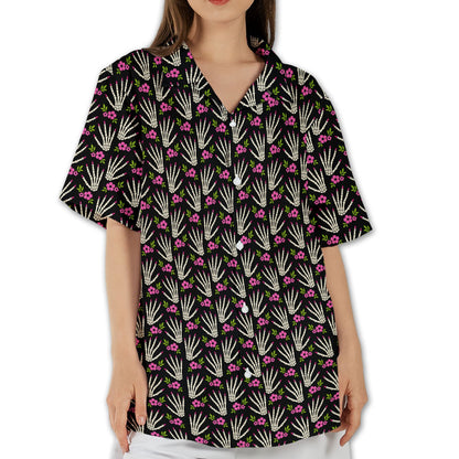 Front view of the black Halloween Hawaiian shirt with skeleton hands and floral print