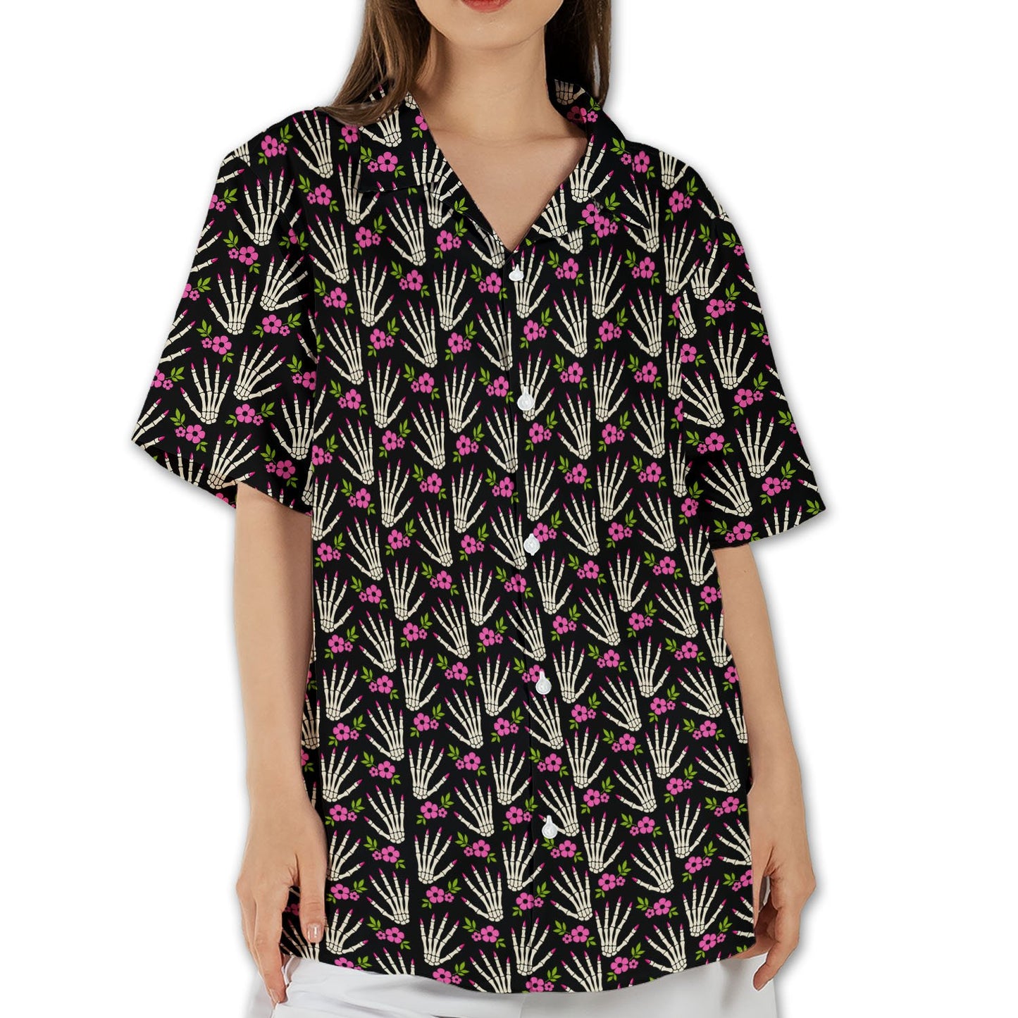 Halloween Hawaiian shirt featuring skeleton hands and pink flowers on a black background, front view