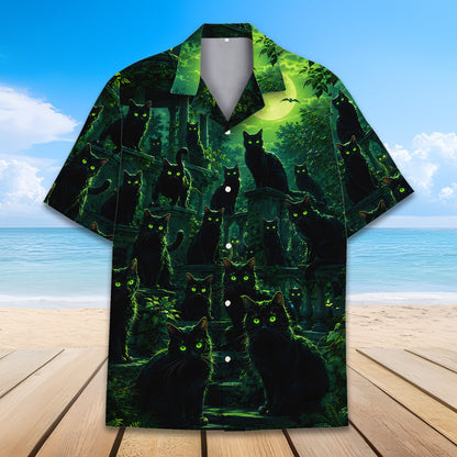 Green Halloween Hawaiian shirt featuring black cats and full moon, main view