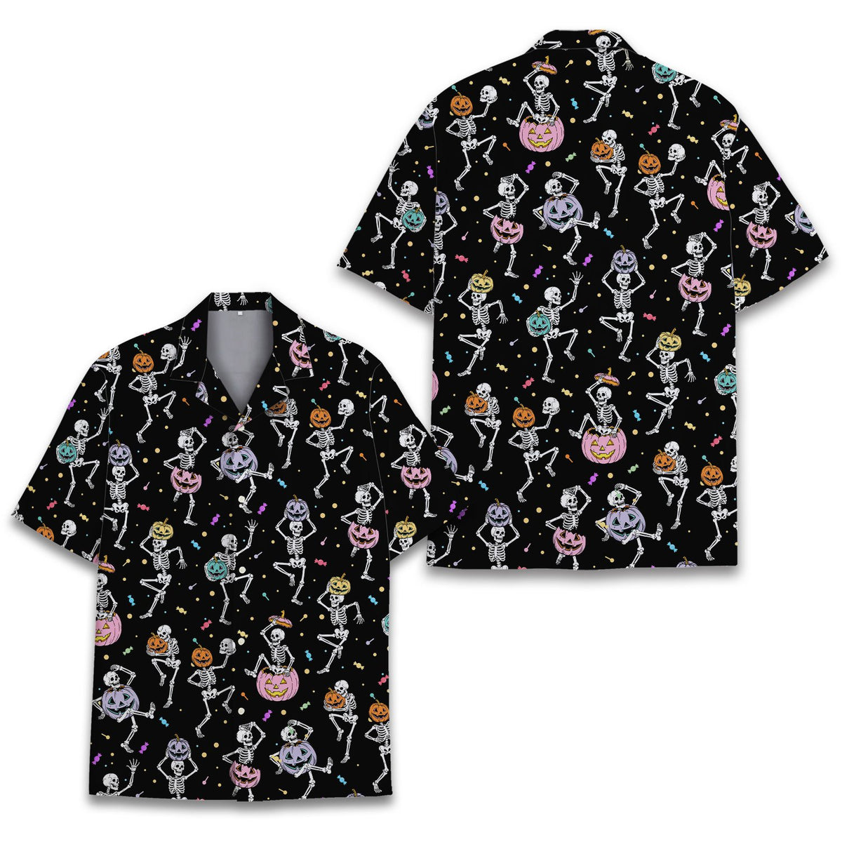 Halloween hawaiian shirt front view with colorful candy pattern