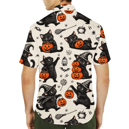 Matching family halloween hawaiian shirt with vintage cats and pumpkins, lifestyle view 2