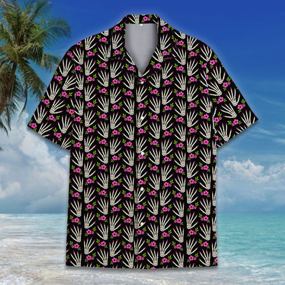Close up lifestyle view of the matching family Halloween Hawaiian shirt