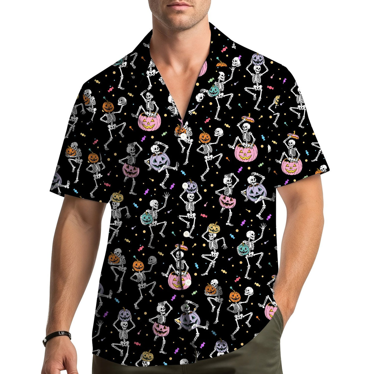 Lifestyle shot featuring the Halloween hawaiian shirt