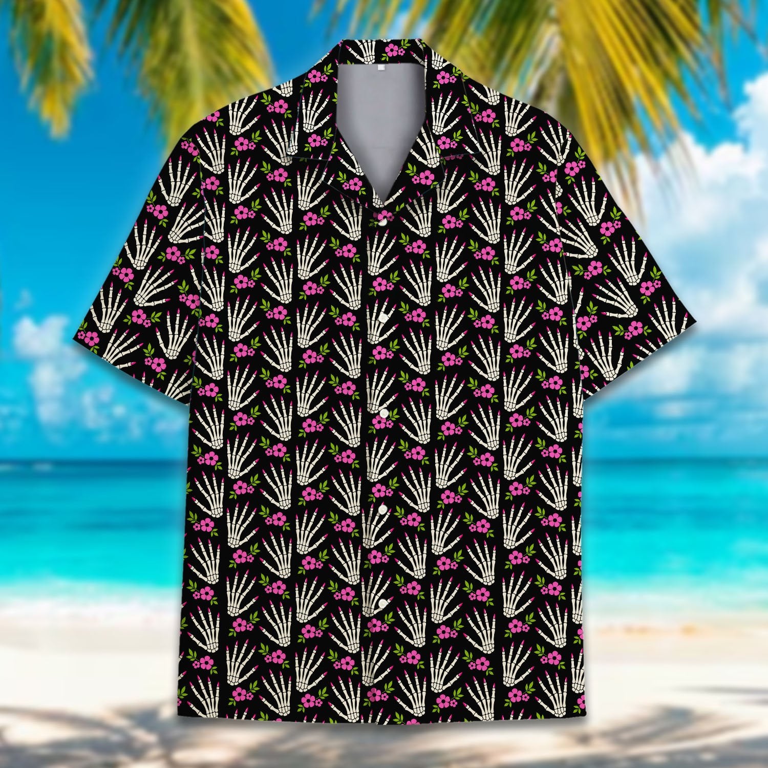 Lifestyle image of the skeleton hands Halloween Hawaiian shirt