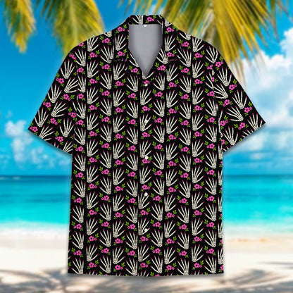 Lifestyle image of the skeleton hands Halloween Hawaiian shirt
