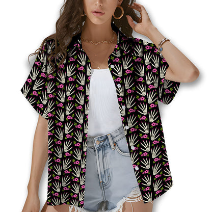 Matching Hawaiian shirts for family featuring skeleton hands