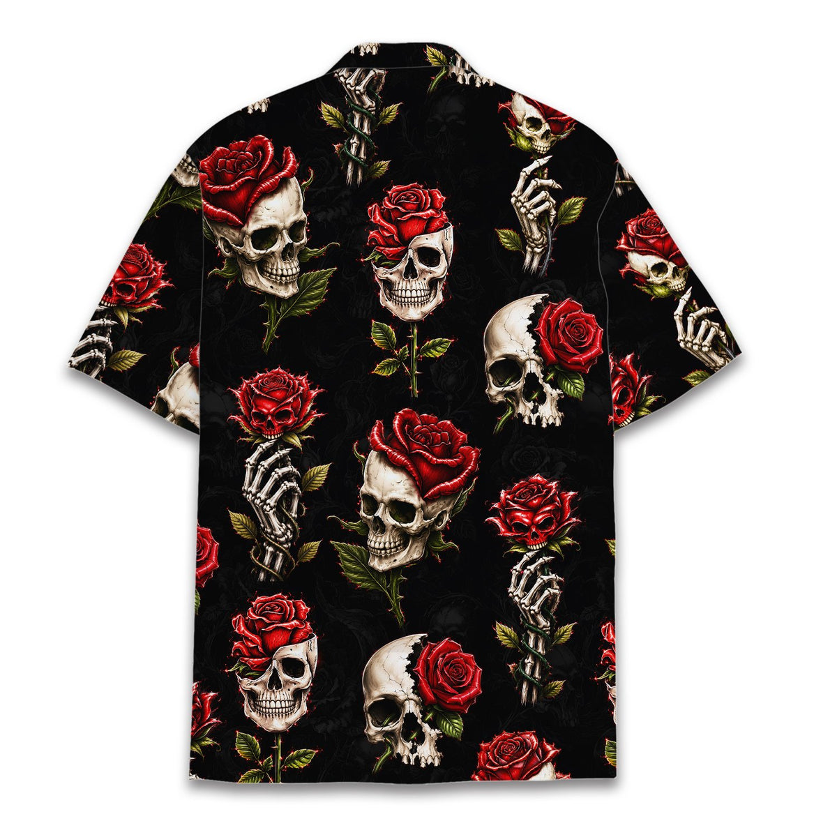 Lifestyle view of someone wearing the gothic halloween hawaiian shirt