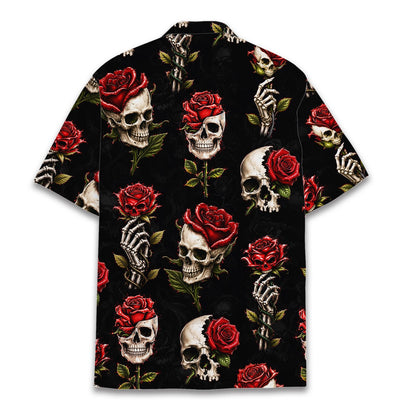 Lifestyle view of someone wearing the gothic halloween hawaiian shirt