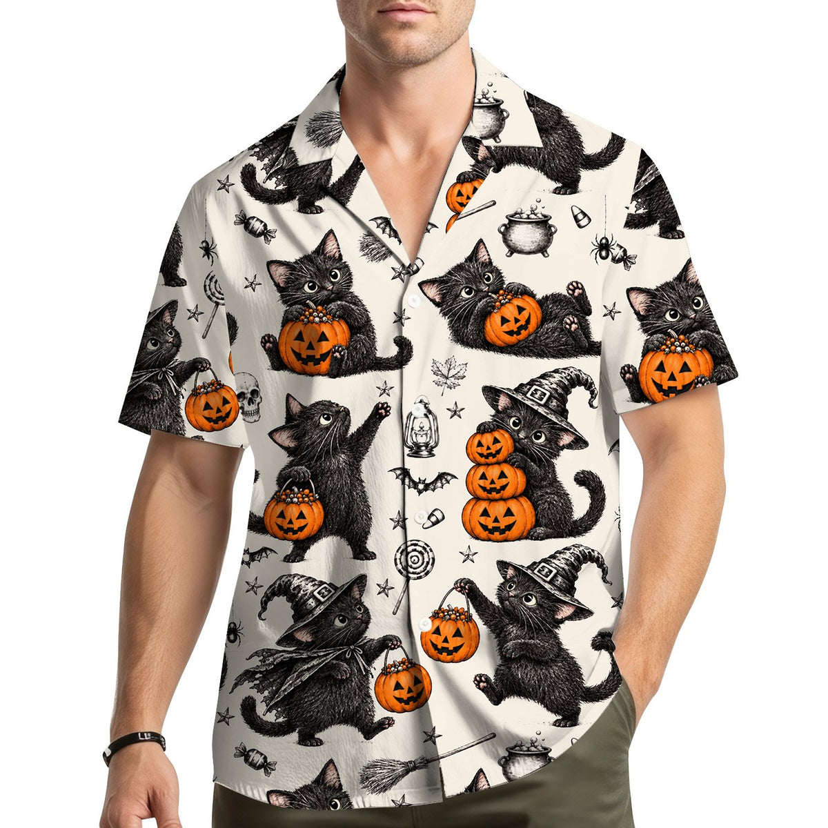 Matching family halloween hawaiian shirt with vintage cats and pumpkins, lifestyle view