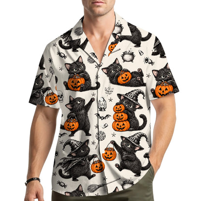 Matching family halloween hawaiian shirt with vintage cats and pumpkins, lifestyle view