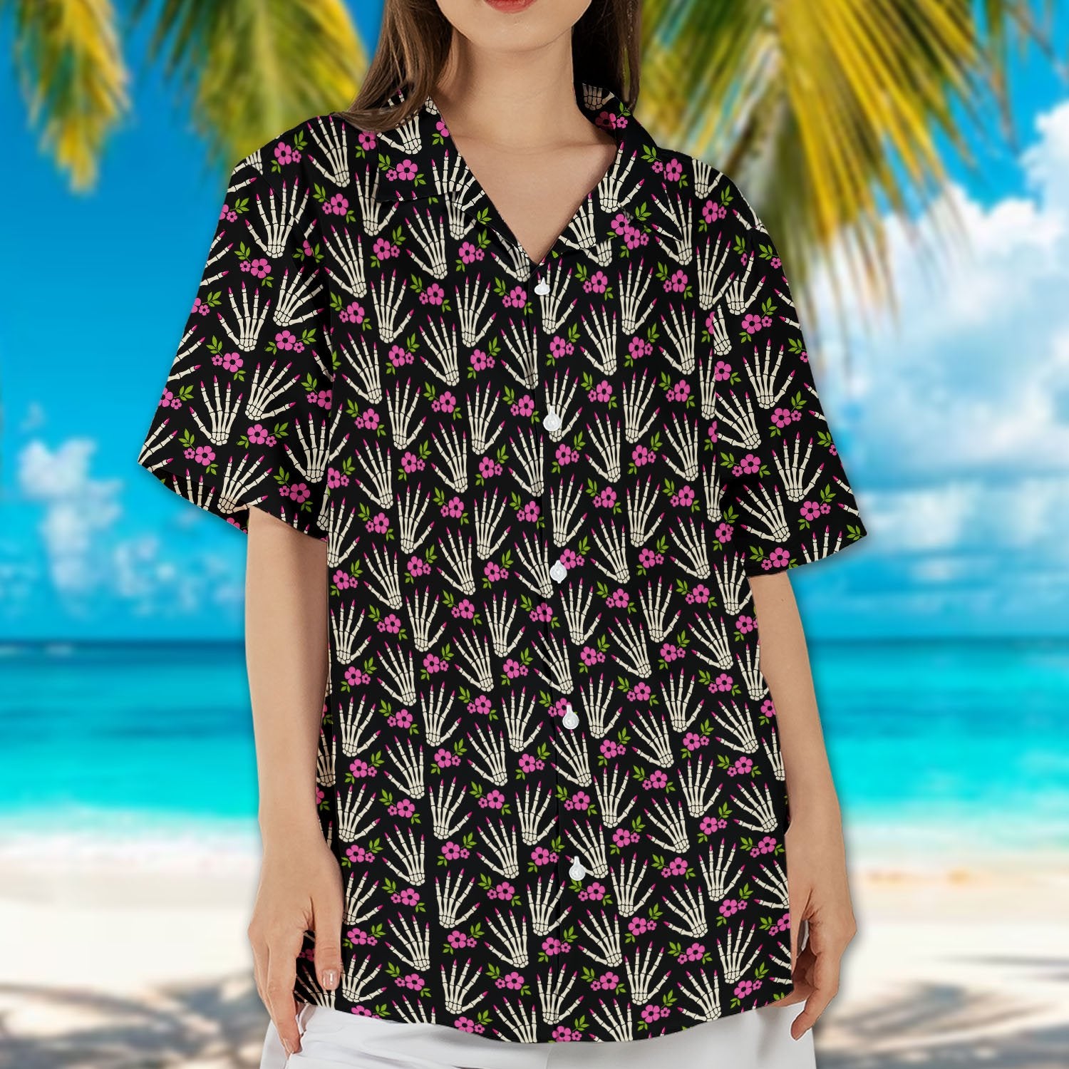Family wearing matching Halloween Hawaiian shirts with skeleton hands design