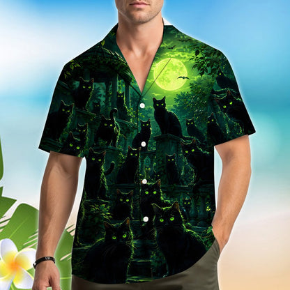 Lifestyle view of someone wearing the green Halloween Hawaiian shirt