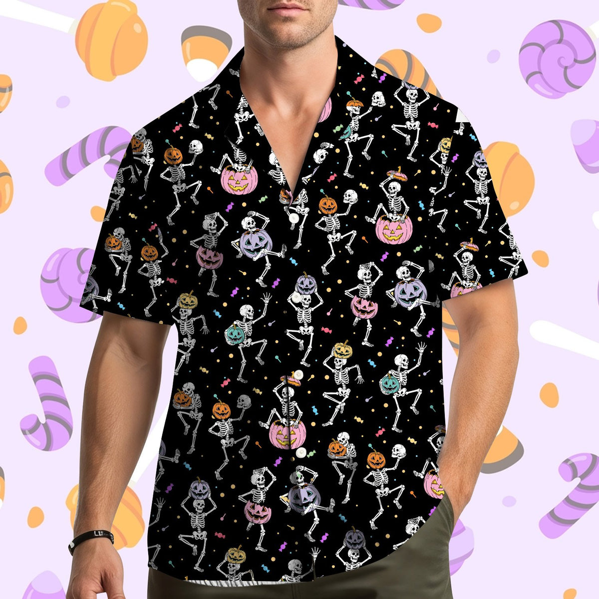 Lifestyle view of a family matching outfits in Halloween hawaiian shirts