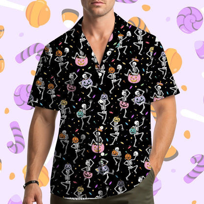 Lifestyle view of a family matching outfits in Halloween hawaiian shirts