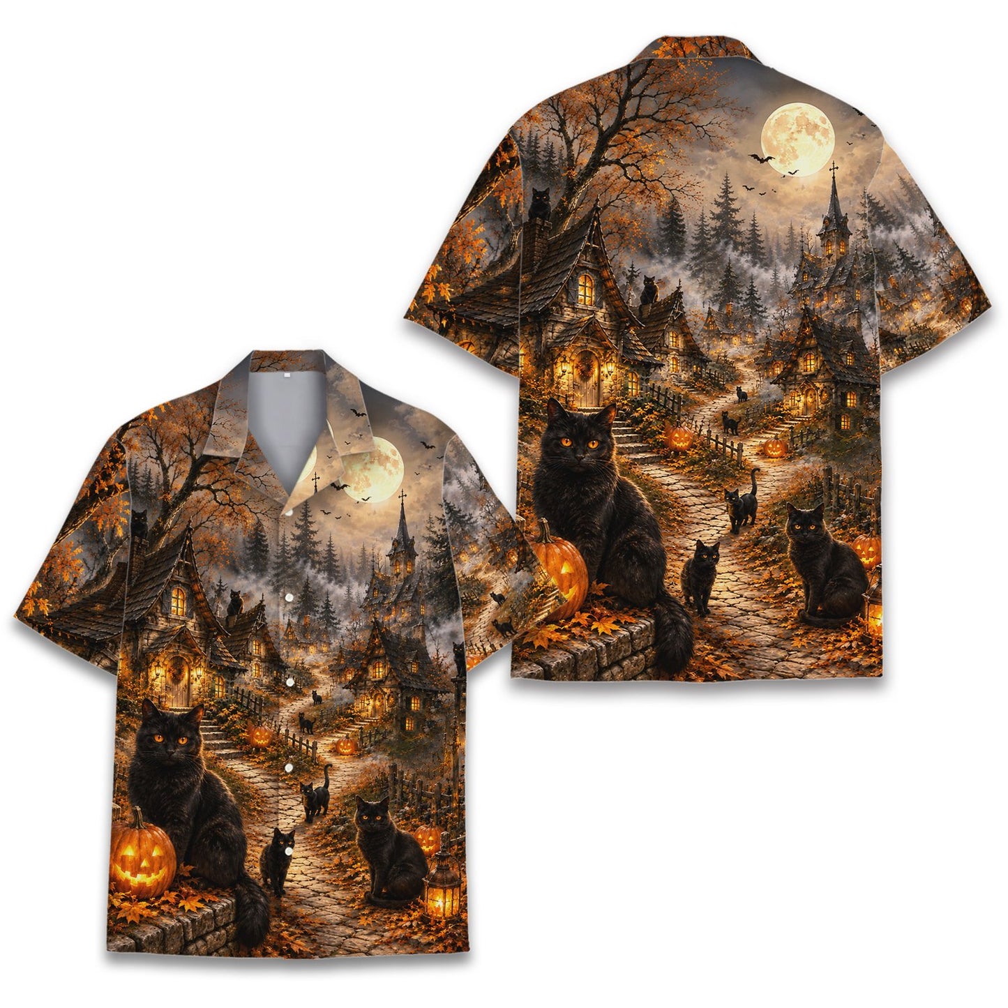 Detailed close up of the cobblestone path and black cats on the hawaiian shirt