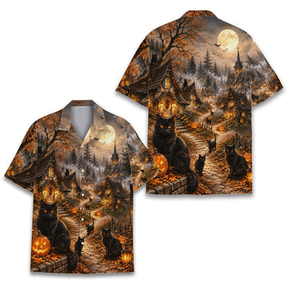 Detailed close up of the cobblestone path and black cats on the hawaiian shirt