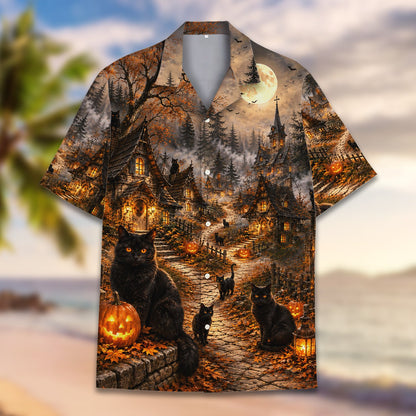 Back view of the matching family hawaiian shirts with spooky autumn leaves design