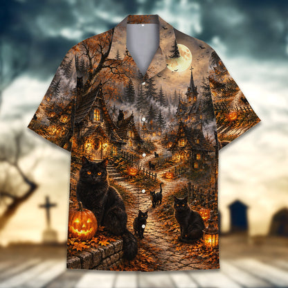 Side profile showing the sleeve design of the halloween hawaiian shirt