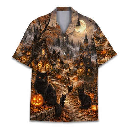 Flat lay of the haunted village hawaiian shirt halloween ideas