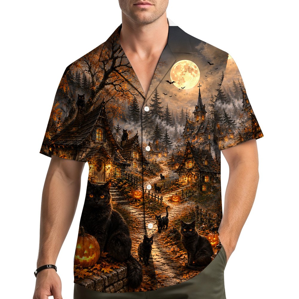 Folded view of the orange and black halloween hawaiian shirt