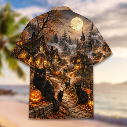 Angled view of the halloween hawaiian shirt showing jack-o'-lanterns and bats