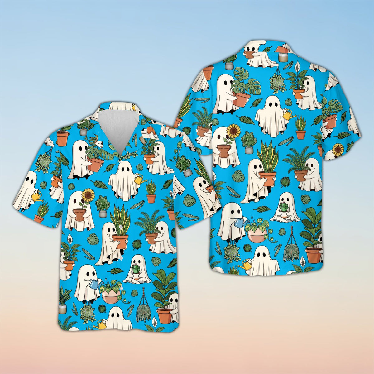 Matching family halloween hawaiian shirt with ghosts and plants, blue background, front view