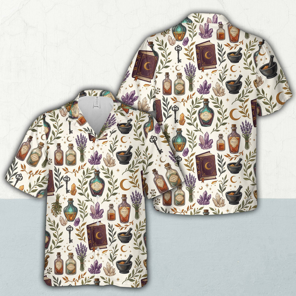 Detailed view of the pastel halloween hawaiian shirt fabric