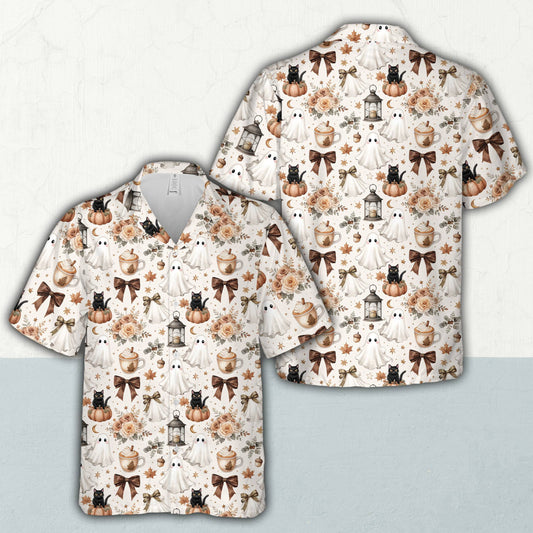 Matching family hawaiian shirts in a halloween boho print, front view