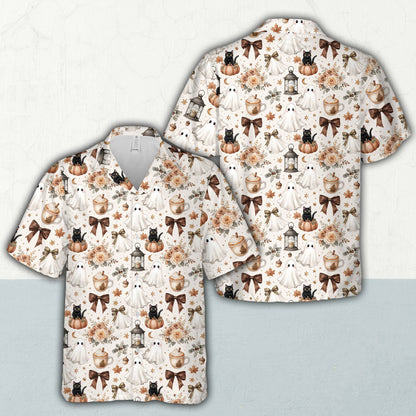 Halloween hawaiian shirt mens style featuring pastel pumpkins and ghosts, front view