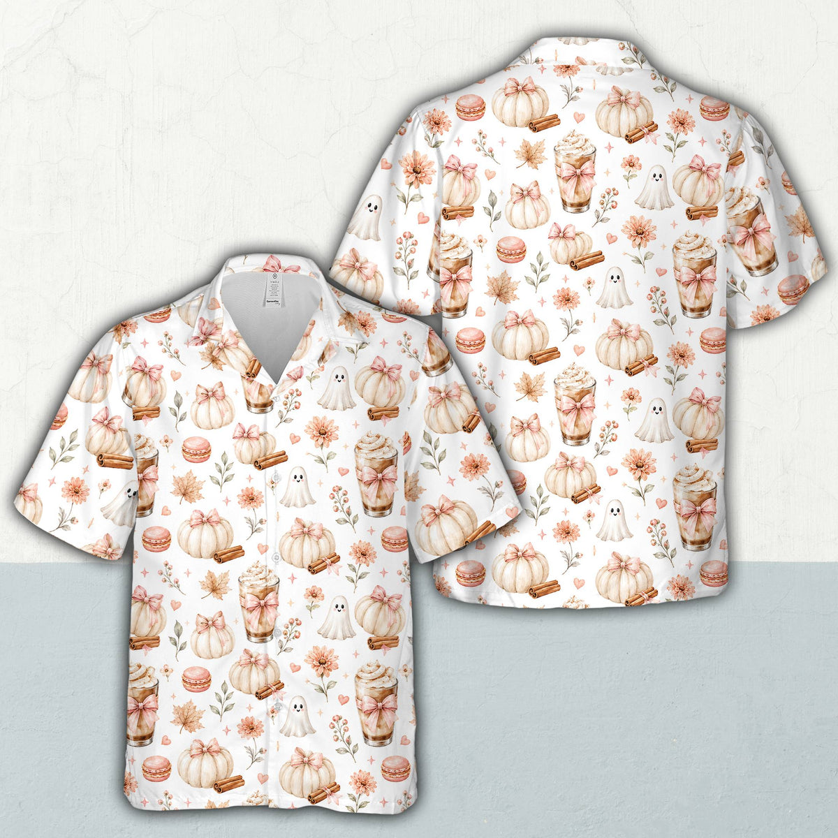 White halloween hawaiian shirt with cute witch hats and black cats, front view