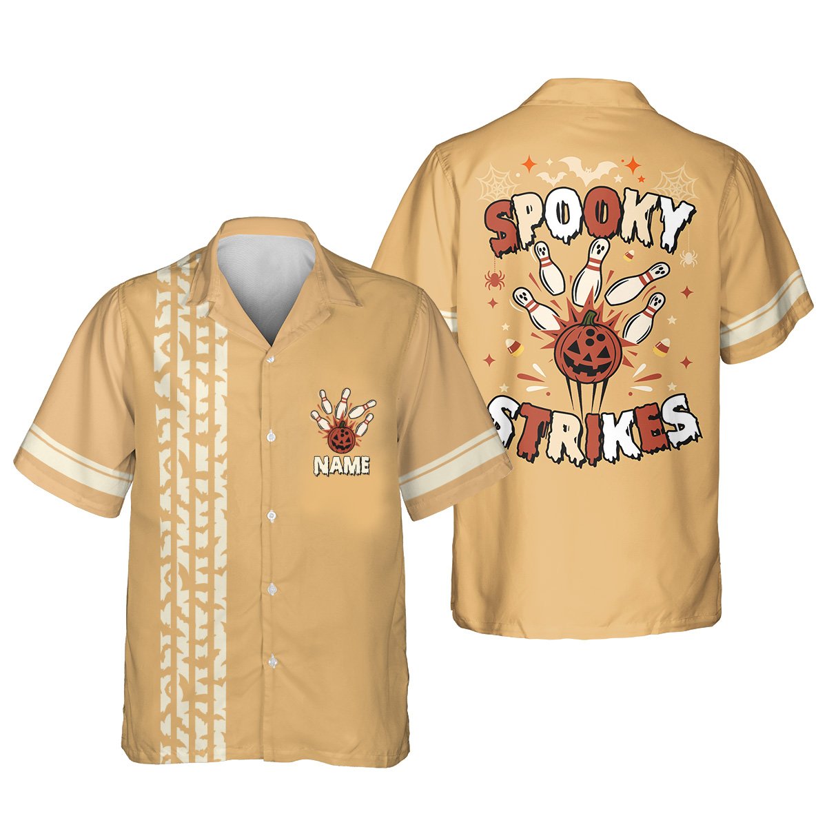 Beige front view of personalized Halloween bowling hawaiian shirt