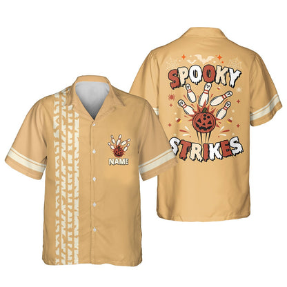 Beige front view of personalized Halloween bowling hawaiian shirt