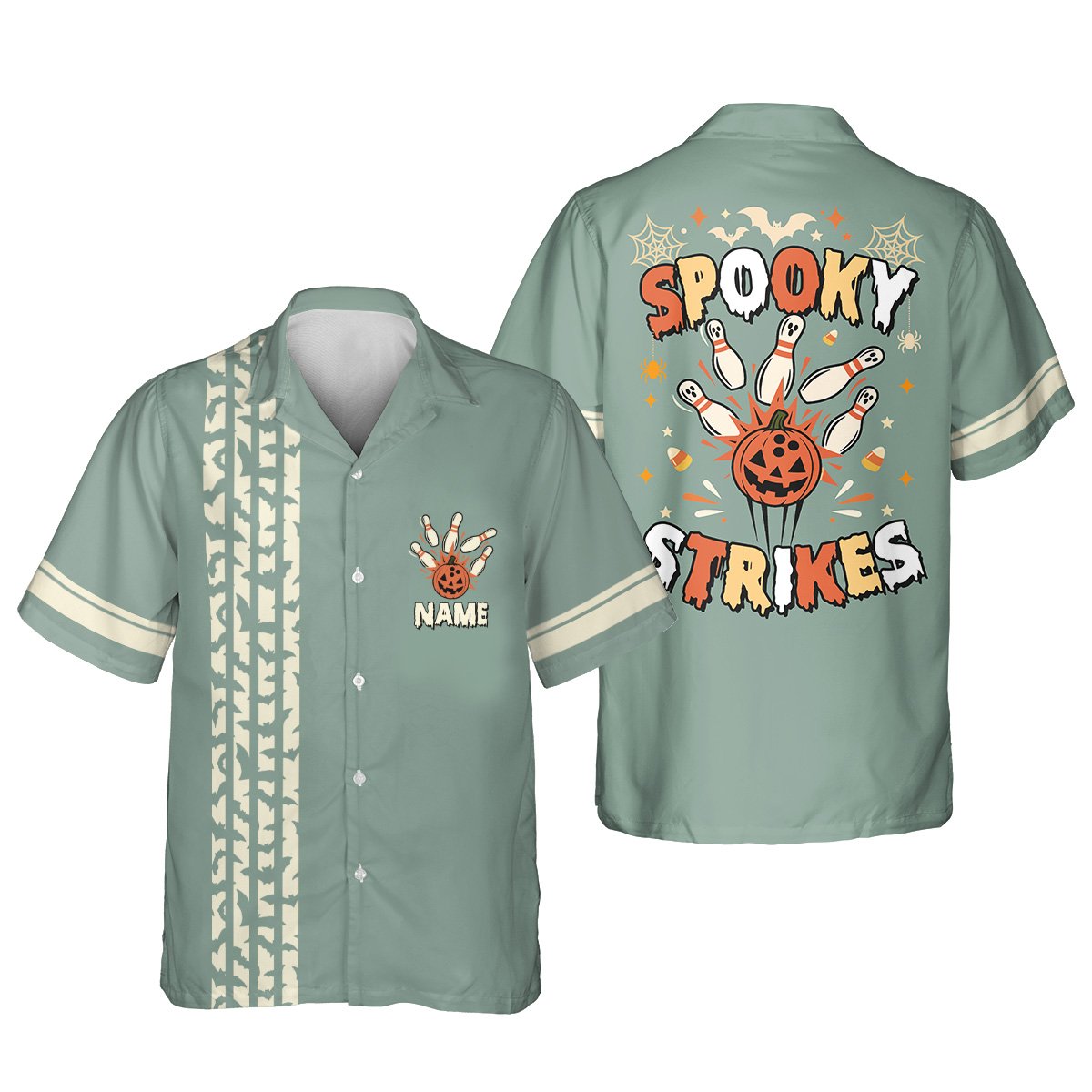 Green front view of Halloween bowling hawaiian shirt