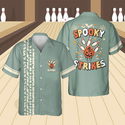 Third green front view of Halloween bowling hawaiian shirt