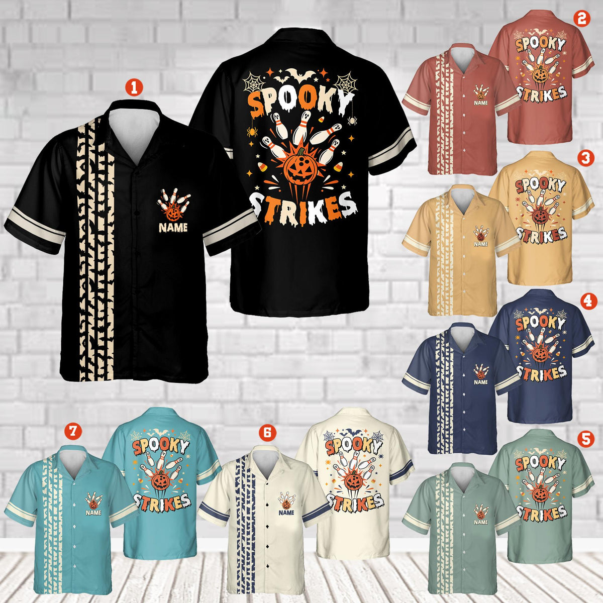 Front view of multicolor Halloween bowling hawaiian shirt with custom name