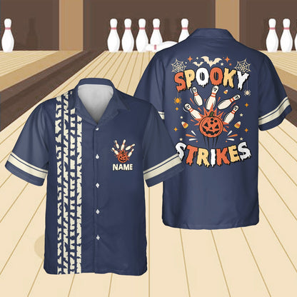 Main view of personalized matching family hawaiian shirts in navy blue featuring a Halloween bowling design