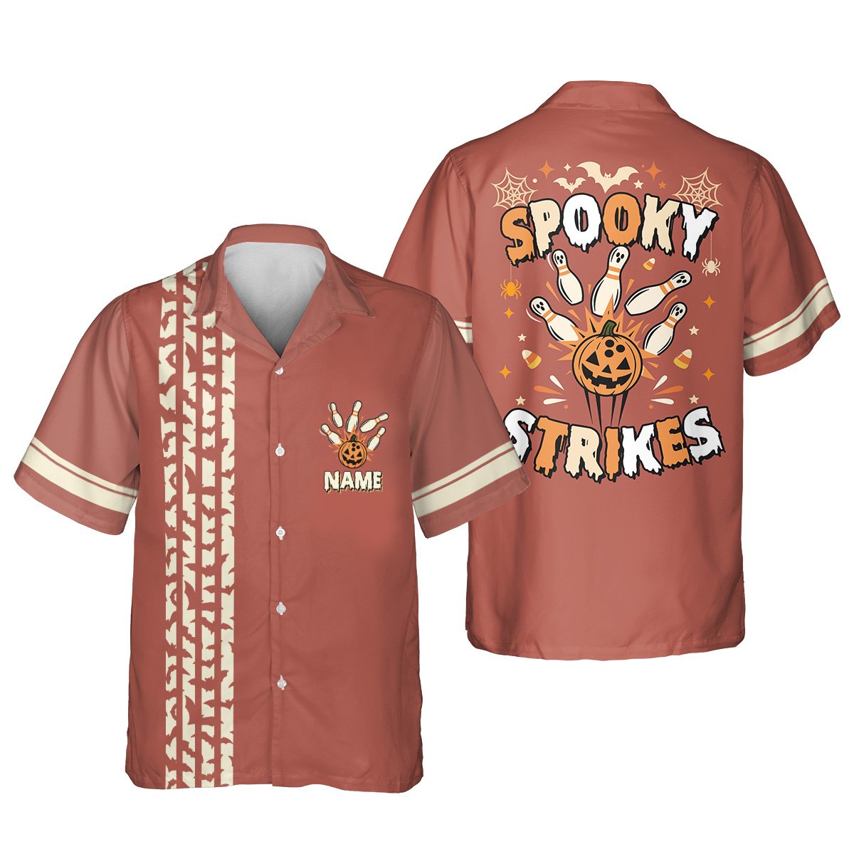 Red front view of matching family Halloween bowling hawaiian shirt