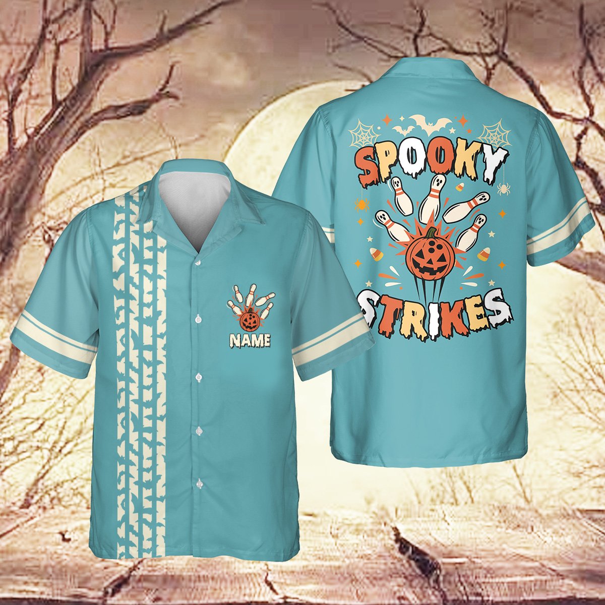 Teal front view of matching family hawaiian shirt with spooky bowling graphic