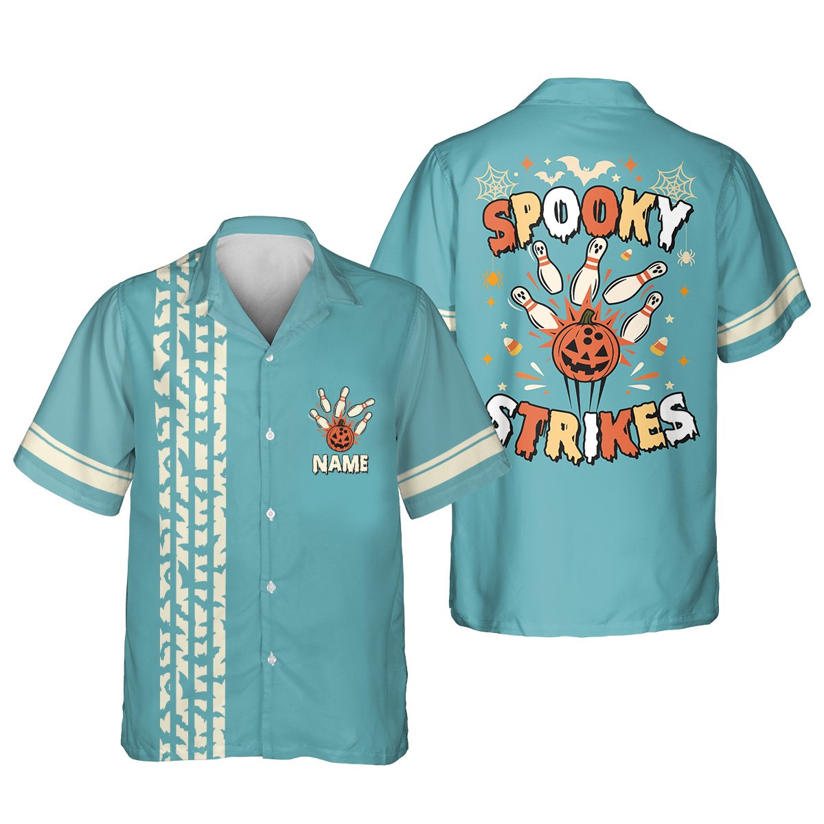 Second teal front view of personalized Halloween hawaiian shirt
