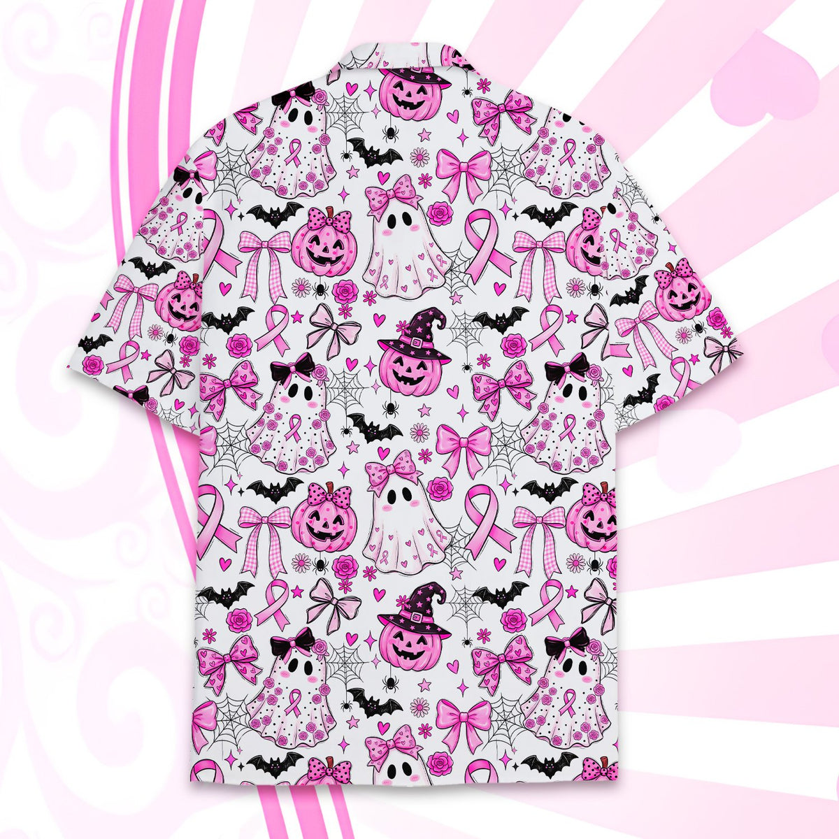 Detailed back view of the Halloween and breast cancer awareness Hawaiian shirt