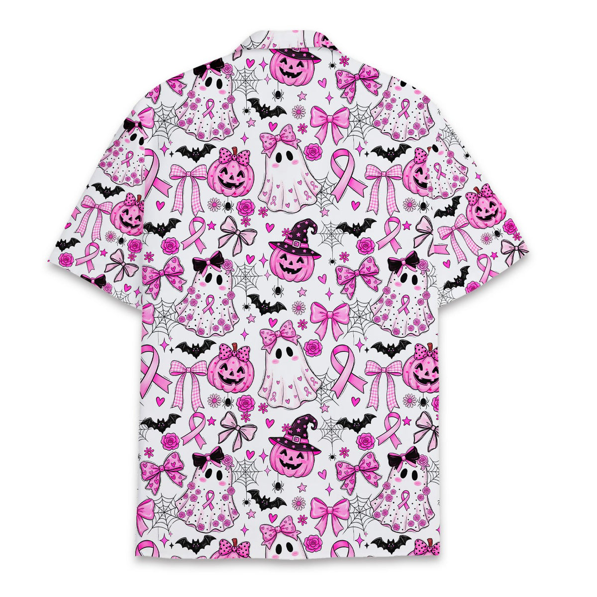 Back view of the matching family Hawaiian shirt displaying the all-over spooky and supportive print
