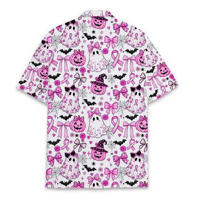 Back view of the matching family Hawaiian shirt displaying the all-over spooky and supportive print