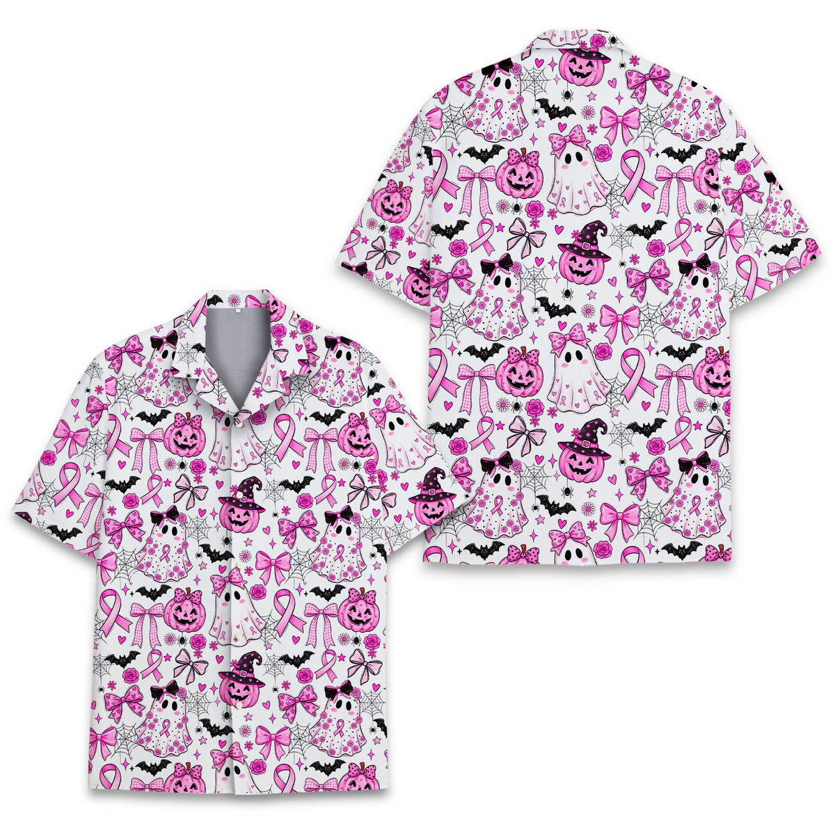 Another front view of the white Hawaiian shirt highlighting pink bows and jack-o'-lanterns