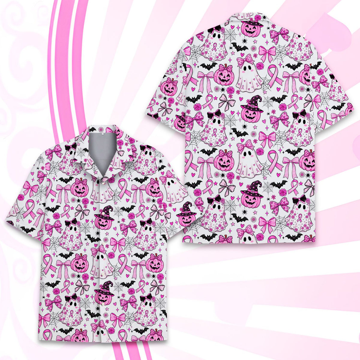 Close-up front view of the Halloween and pink ribbon patterns on the Hawaiian shirt