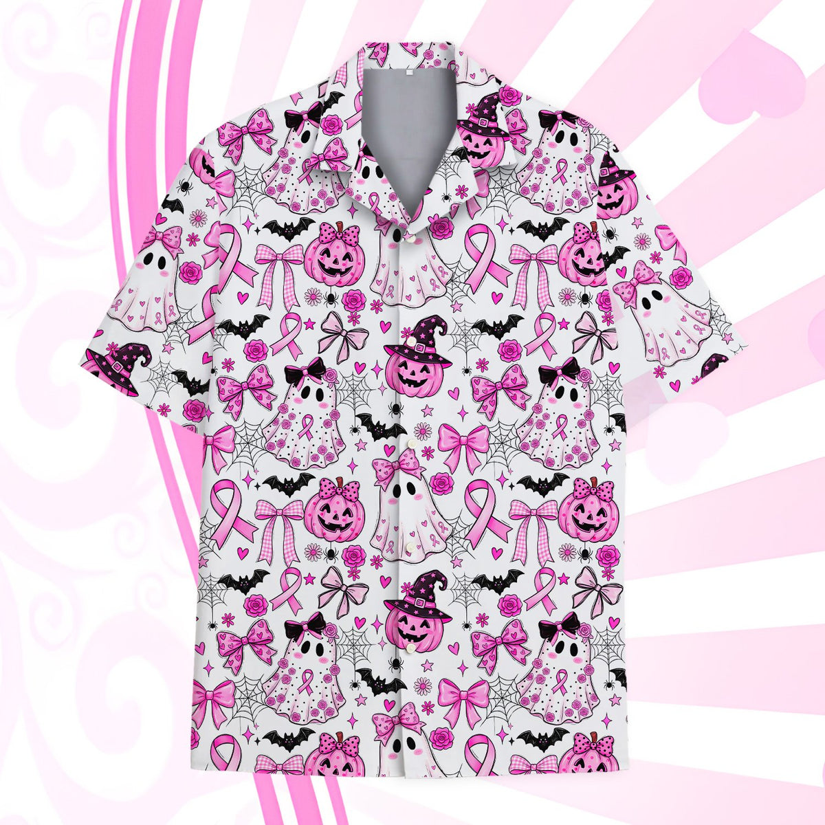 Main view of the halloween / breast cancer awareness hawaiian shirt featuring ghosts and pink ribbons on a white background