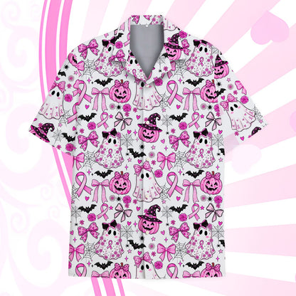 Front view of the matching family hawaiian shirts with Halloween and breast cancer awareness design